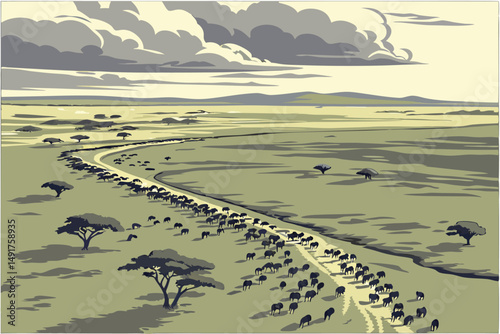 17 aerial view of a large herd of wildebeest or gnu migrating across a vast, grassy plain, dramatic sky with clouds, serengeti national park, tanzania, cinematic lighting, stunning landscape, high qua