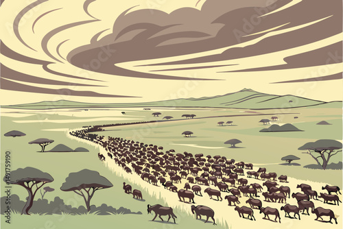 17 aerial view of a large herd of wildebeest or gnu migrating across a vast, grassy plain, dramatic sky with clouds, serengeti national park, tanzania, cinematic lighting, stunning landscape, high qua