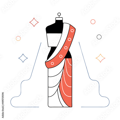 Illustration of mannequin with saree isolated on white background, red and black.