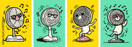 Whimsical Doodle of Dancing Fans with Sunglasses and Music Notes