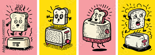 Playful Doodle of Toasting Bread in Colorful Cartoon Illustration