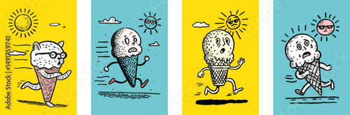 Fun Doodle Illustration of Ice Cream Characters on Colorful Backgrounds