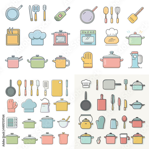 Kitchen and cooking icon collection including utensils, pots, pans, oven, chef hat, and cutting boards. Suitable for food blogs, recipe apps, and culinary branding.

