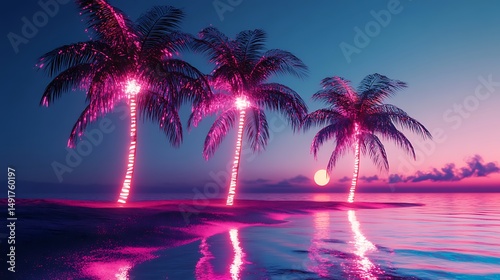Pink neon palm trees sunset beach