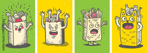 Fun Doodle Illustration of Excited Characters with Groceries
