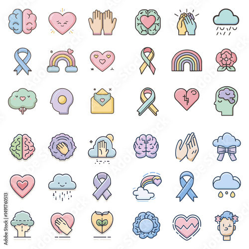 Colorful icon set on mental health, emotional well-being, and awareness. Features brain, heart, ribbon, clouds, and support gestures in pastel tones.

