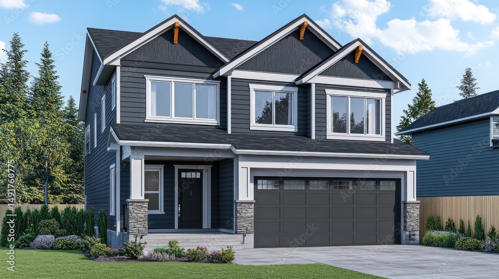 Modern two-story house with dark siding, white trim, and a two-car garage, nestled in a green lawn. Modern two-story house with dark siding, white trim, and a two-car garage, nestled in a green lawn.