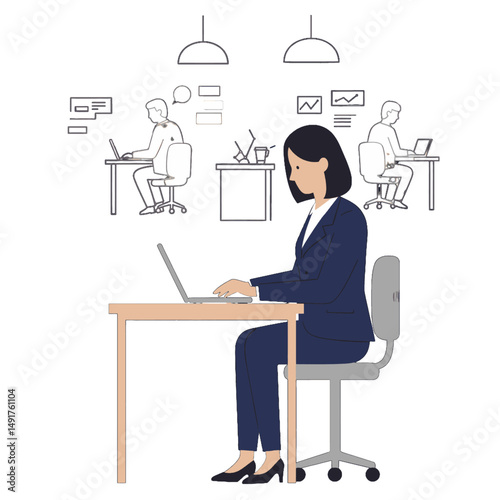 Businesswoman Working On Laptop In Modern Office Setting Illustration