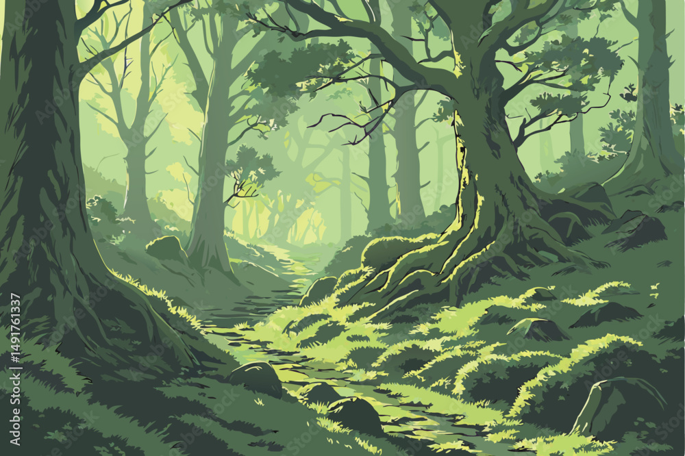 Fototapeta premium 18 dense lush forest, ancient trees, sunbeams shining through canopy, mossy ground, mystical atmosphere, fantasy landscape, detailed digital art