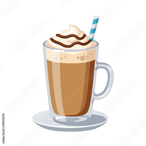 Iced Coffee Drink In Glass With Whipped Cream And Chocolate Syrup