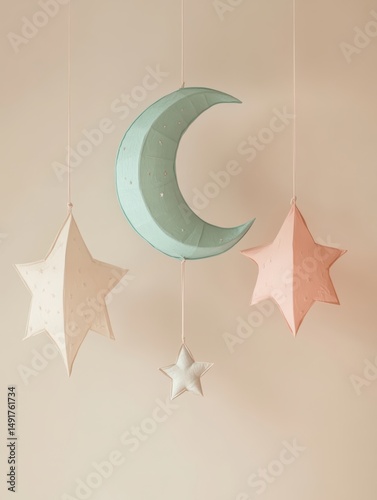 Crescent Moon and Star Paper Lanterns. Pastel Colors on Light Beige Wall, Kids Room Decor photo