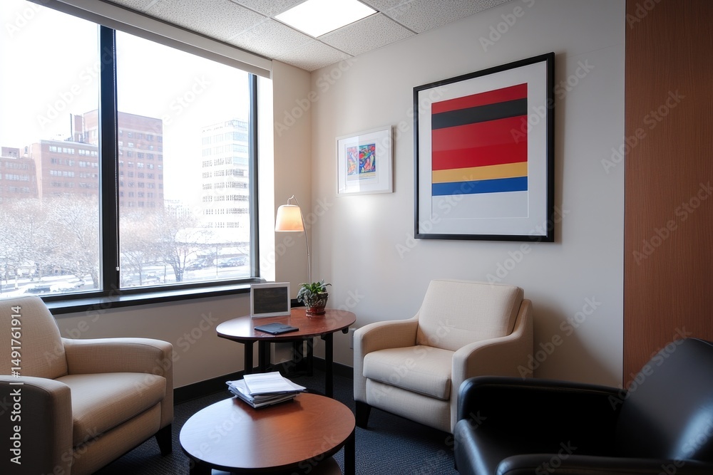 Fototapeta premium Bright waiting room interior with armchairs and city view