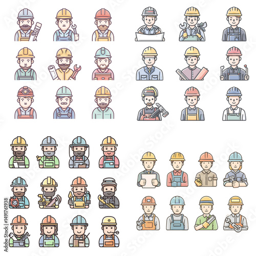 Cartoon vector characters of construction workers in uniform with tools and helmets. Suitable for safety content, job platforms, or builder-themed visuals.

