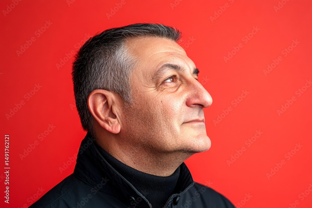 Obraz premium A dynamic male posing with grace and charm. Red solid background. Design idea of style for aging men. Chic men's crew cut haircut - midlife white man with black hair.