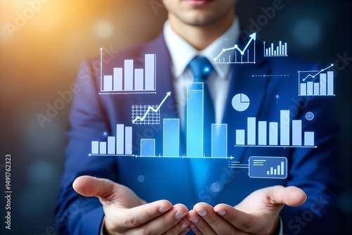 Business Analytics & Data Visualization: Man Holding Financial Growth Charts & Graphs in Hands - Investment Strategy & Market Analysis Concept