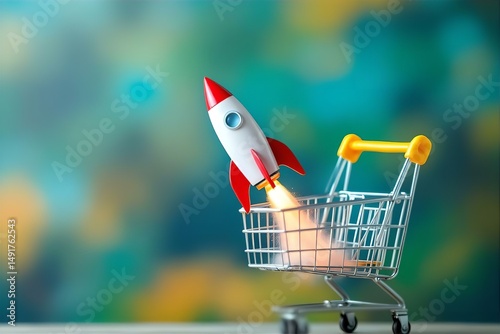 Rocket Launching from Shopping Cart: E-commerce Growth, Online Retail Success, Business Startup, Colorful Background, Stock Photo