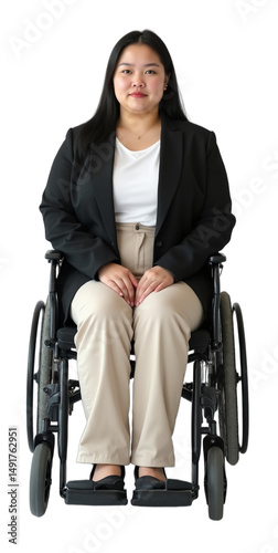 East Asian non-binary person, early 20s, plus-size, in modern wheelchair, business casual studio portrait. Professional, focused look for diversity, inclusion, workplace, identity campaigns.