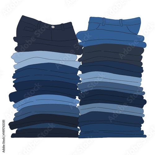 Stacked Piles Of Various Shades Of Blue Jeans