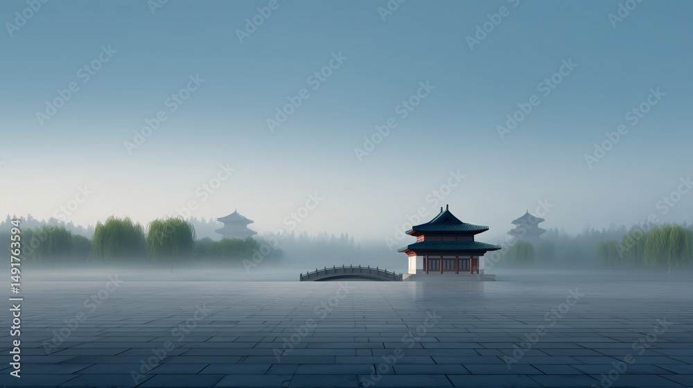 Fototapeta premium traditional Chinese buildings and square ground in the morning