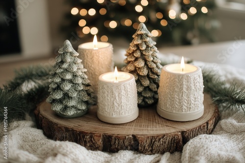 Warm lit candles on wooden tray beside decorated Christmas tree, cozy holiday evening setting. photo