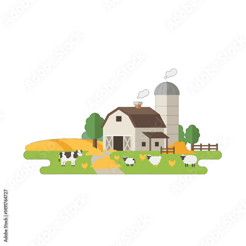 Cute Pixel Art Farm Scene With Barn, Cows, Sheep, And Chickens