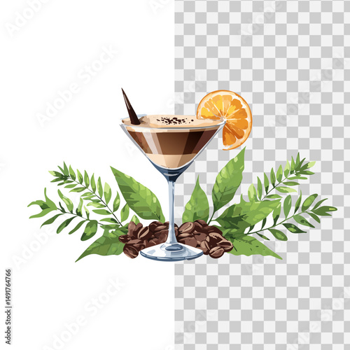 a glass of coffee flavored drink with brown color and leaf topping