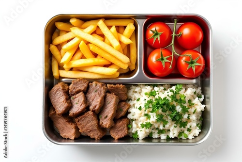 Healthy Lunch Box: Steak Bites, French Fries, Rice, and Cherry Tomatoes - Balanced Meal Prep for Kids and Adults - Food Photography