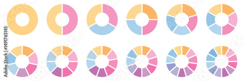 Pie chart set. Colorful diagram collection with sections or steps, segment of circle element icons collection for 1 2 3 4 5 6 7 8 9 10. Vector illustration.