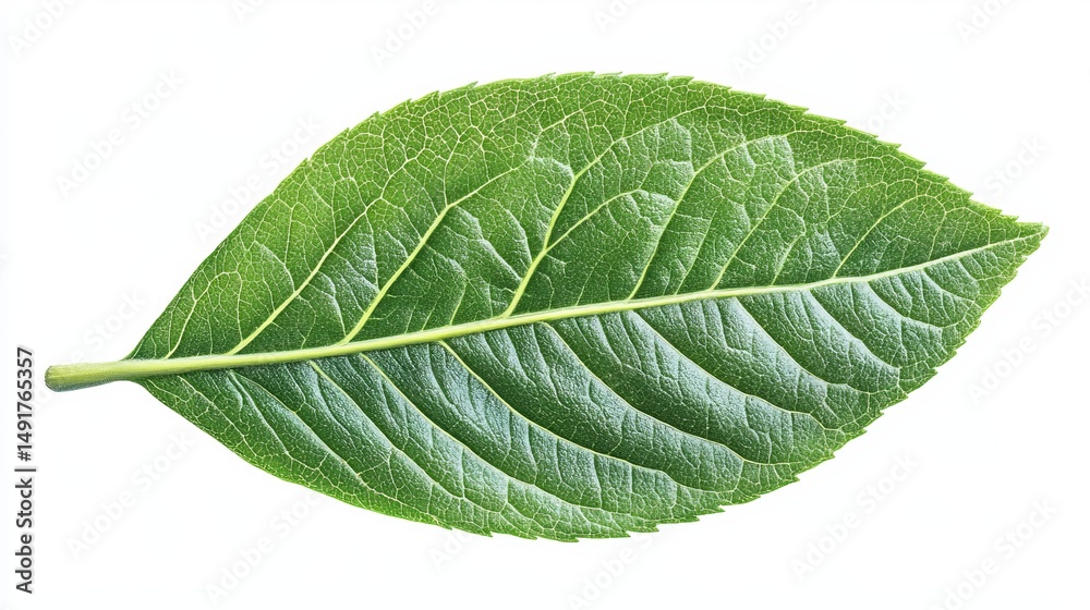 Obraz premium A vibrant green leaf, ovate with serrated edges, displays intricate vein patterns against a stark white backdrop