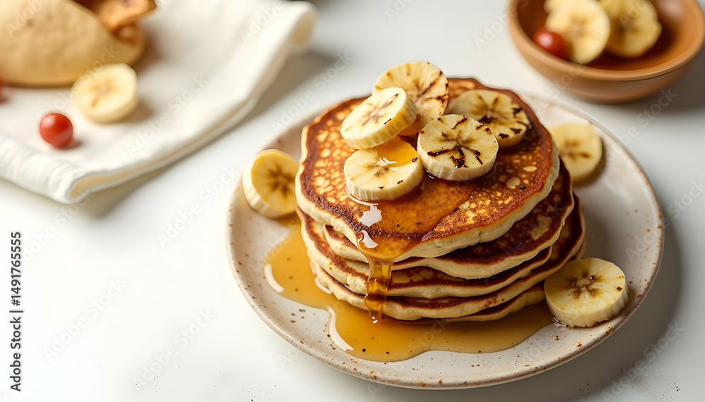 Pancake Stack with Banana and Syrup Delicious Breakfast Treat Pancake Stack with Banana and Syrup Delicious Breakfast Treat