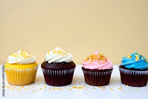 Assorted Colorful Cupcakes: Yellow, Chocolate, Pink, & Blue Frosted Cupcakes with Sprinkles on White Table Against Beige Background - Food Photography
