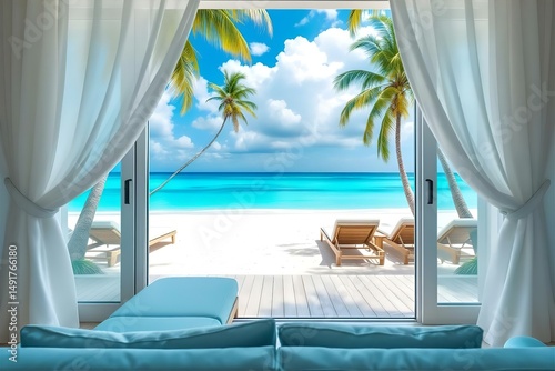 Tropical Beach View from Luxury Villa: Turquoise Ocean, White Sand, Palm Trees, Relaxing Vacation Getaway, Coastal Paradise Scene