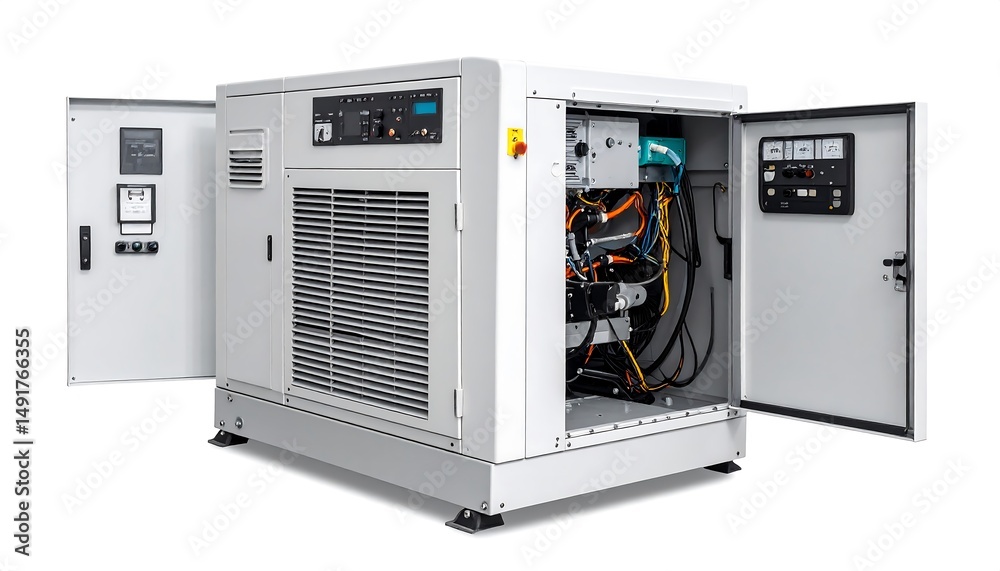 Fototapeta premium White industrial generator with open doors revealing interior components and control panels, shot against a white background