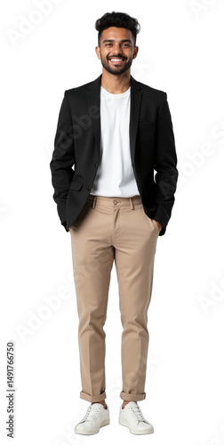 South Asian non-binary person, late 20s, confident smile in business casual. Full body studio portrait, sharp detail, professional lighting. Isolated on transparent background.