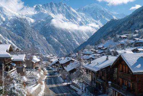 Winter wonderland village nestled in snowy mountains perfect for ski vacation or christmas holiday travel