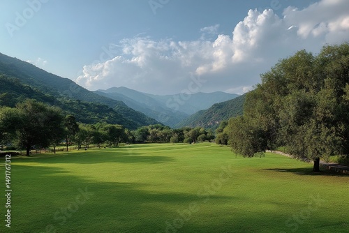 Beautiful green valley landscape scenic mountain range trees clouds nature photography background wallpaper