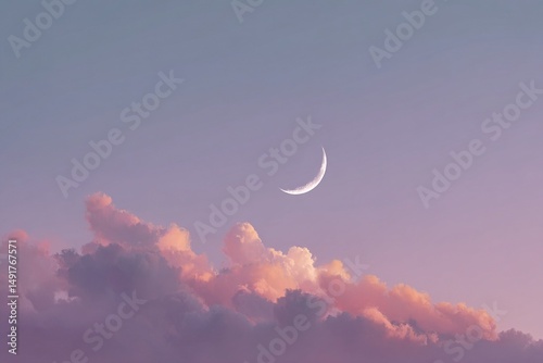 Dreamy pastel sky with crescent moon and fluffy clouds aesthetic wallpaper background image photography