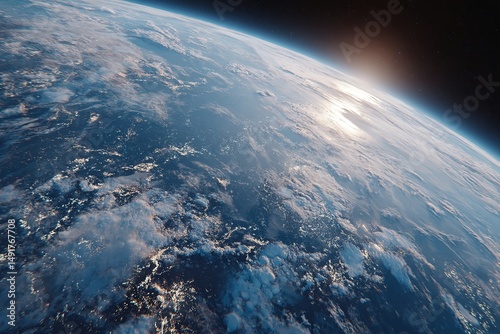 Earth from space view with clouds and sun flare scenic beauty and cosmic perspective of our planet home