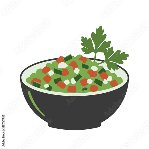 Colorful Guacamole In Bowl With Parsley