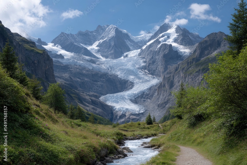 Glacier Stream Flowing Through Mountain Valley Glacier Stream Flowing Through Mountain Valley