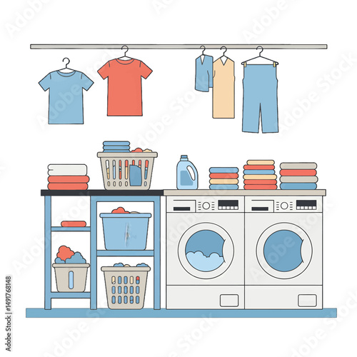 Laundry Room Interior Illustration In Flat Design Style