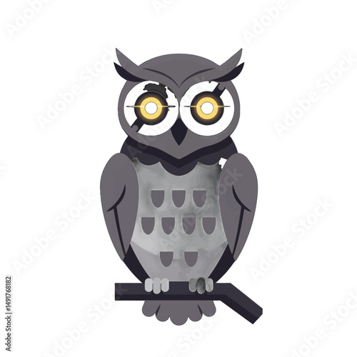 Grey Owl Illustration On Branch With Yellow Eyes