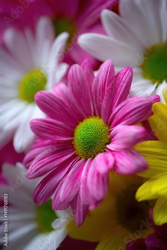 Close up beautiful daisy flower photo, pink daisy flower, white daisy flower, yellow daisy flower bouquet photo