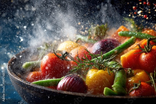Fresh vegetables cooking in a pan with steam and water droplets for healthy food and recipes ideas