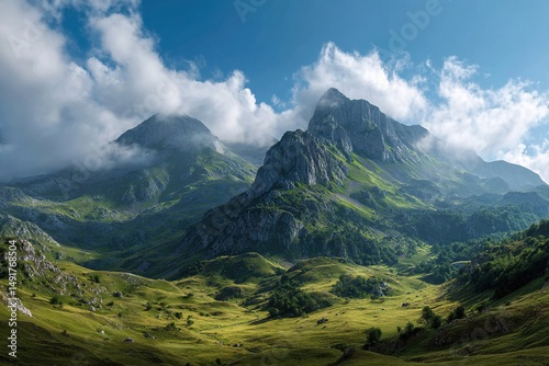 Majestic mountain range landscape scenic view cloudy sky green valleys hiking trails nature photography peak beauty