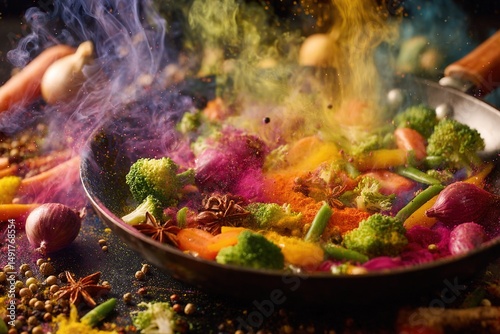 Colorful vegetable stir fry recipe cooking in pan with vibrant spices and herbs for healthy eating ideas