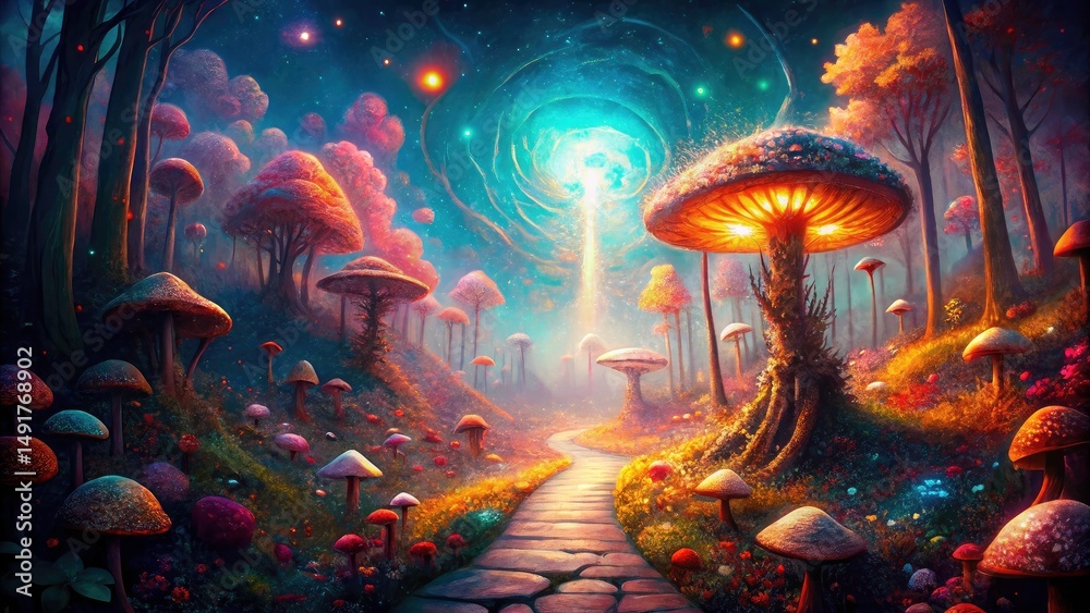 Fototapeta premium Cosmic Forest Path: Vintage Enchanted Woods Photography