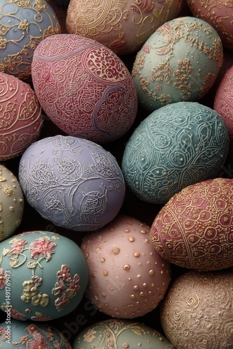 Decorated easter eggs pastel colors intricate designs spring holiday celebration beautiful easter egg art close up
