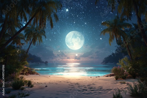 Night beach moonlight ocean stars palm trees tropical paradise vacation scenic landscape wallpaper background 100