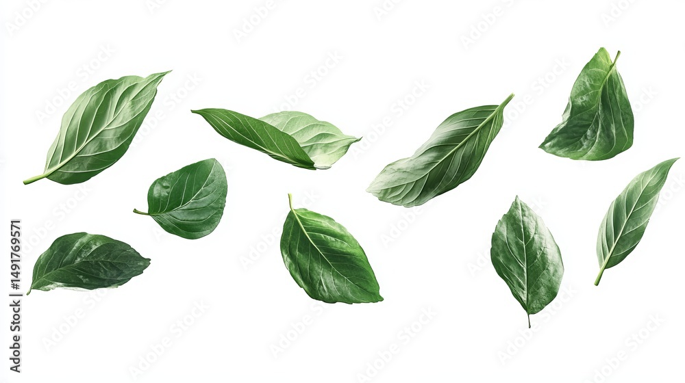 Floating basil leaves against a white backdrop. A vibrant, fresh, and clean image showcasing the herb's lush green color and delicate texture Floating basil leaves against a white backdrop. A vibrant, fresh, and clean image showcasing the herb's lush green color and delicate texture